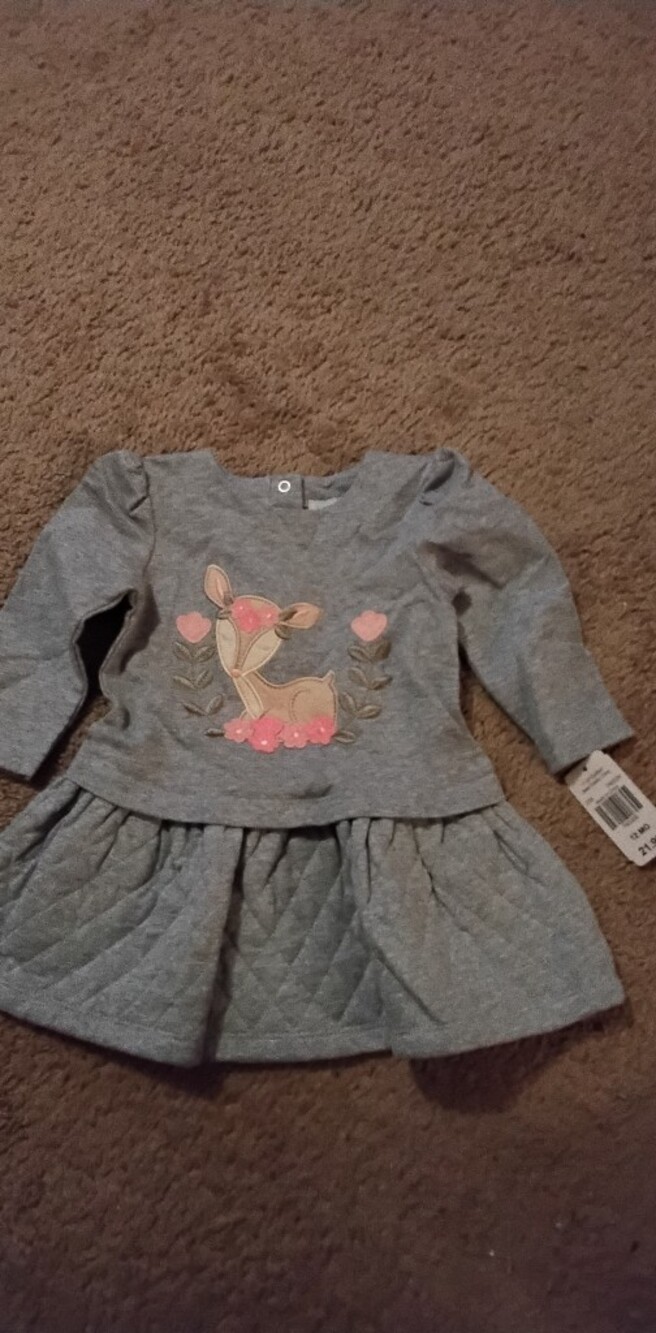 Carter's Grey Knit Dress with Pink Deer Appliqué Size 12 Months Long Sleeves